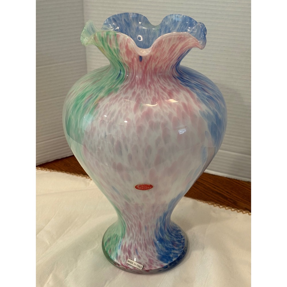 Arte Murano Glass Vase Ruffled Rim Confetti Blue Pink Green  11.75"